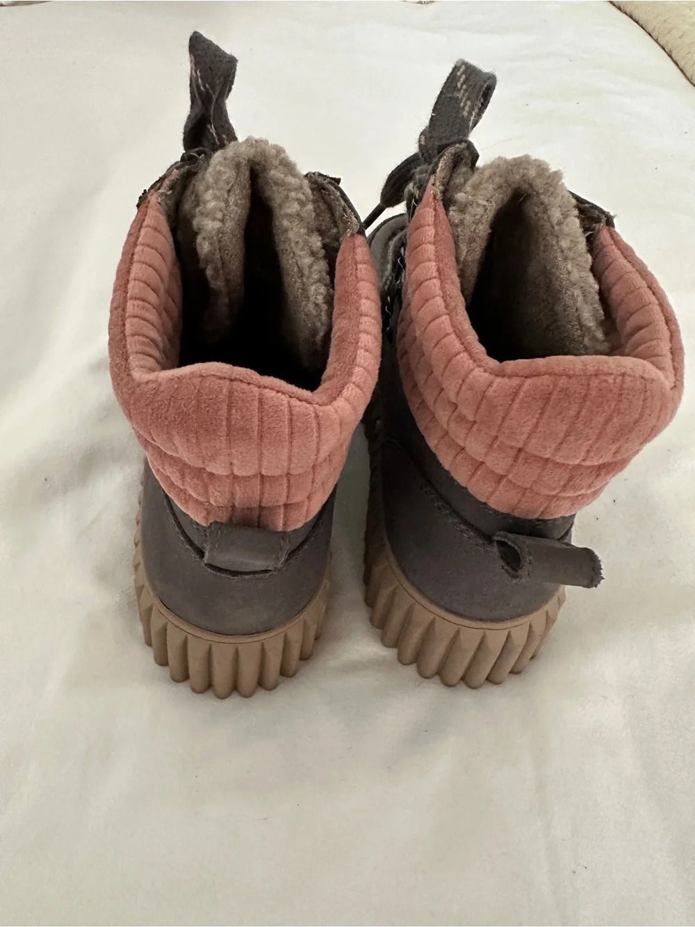 Sam Edelman Tie Gray/Pink/Beige Shearling Lace-Up Boots